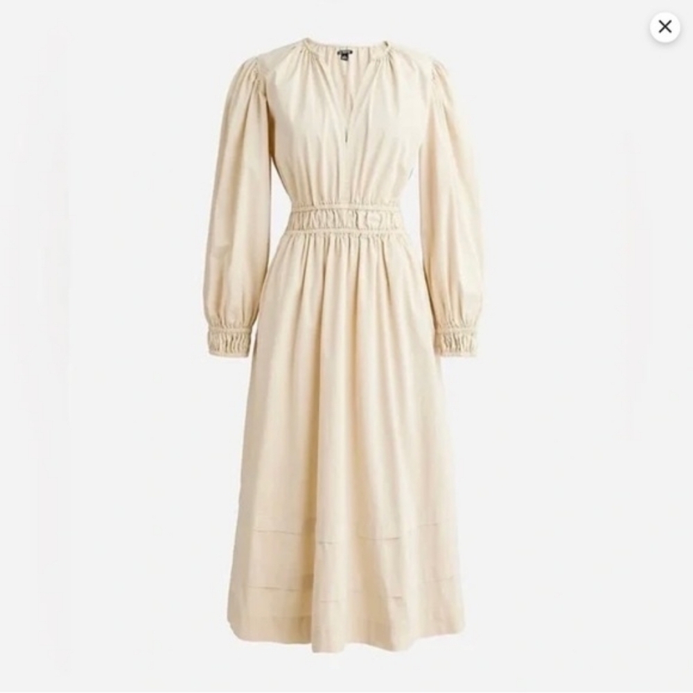 NWT Long-Sleeve Smocked-Waist Midi Dress Lightweight Chino Khaki Size XS NEW